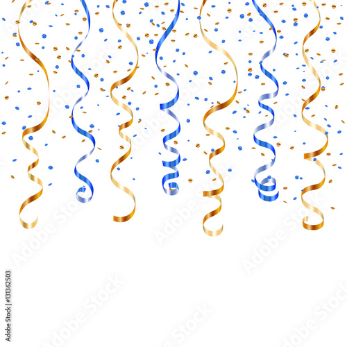 Gold blue ribbon confetti. Golden serpentine on white background