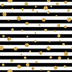Wall Mural - gold polka dot on lines seamless pattern background. golden foil confetti. black and white stripes. 