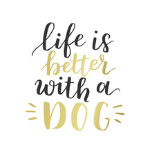 Dog Adoption Hand Written Lettering. Brush Lettering Quote About The Dog Life Is Better With A Dog . Vector Motivational Saying With Black And Golden Ink On White Isolated Background.