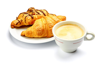 two fresh croissants and coffee on white background