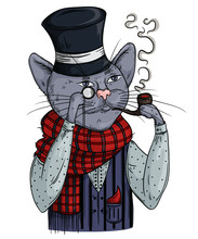 Cat Gentleman In Bowler Hat, Scarf With Pipe And Monocle. Anthropomorphic Character. Vintage Hand Drawn Vector Illustration