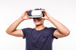 © F8  \ Suport Ukraine - Man wearing virtual reality using a VR headset on white background
