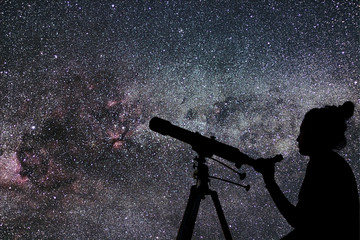 Wall Mural - woman with telescope watching the stars. stargazing woman and ni