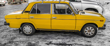 Yellow Car, Side View Of Old Yellow Car, Bright Yellow Old Car In The Street, Used Car