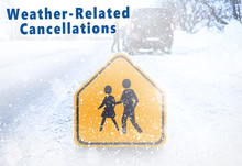 Text WEATHER-RELATED CANCELLATIONS And Road Sign On Winter Background
