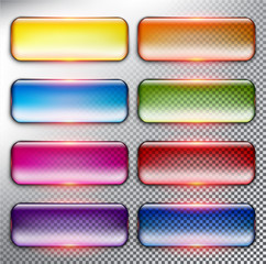 Wall Mural - Abstract vector web buttons set of 8. Isolated with realistic, transparent glass shine and shadow on the light background. Vector illustration. Eps10.