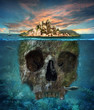 Island. Underwater scull. Concept graphic in soft oil painting s