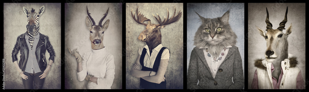 Animals in clothes. Concept graphic in vintage style. Zebra, dee - obrazy, fototapety, plakaty 
