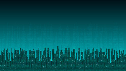 Wall Mural - City online. Abstract futuristic digital city, hi-tech information background, computer technology concept