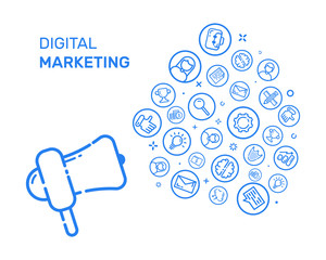 Fototapete - Vector illustration with blue icons and megaphone in flat line style. Design concept for digital marketing, social campaign, engaging, blogging Use in Web Project and Applications. Outline objects.
