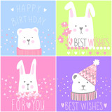 Fototapeta Pokój dzieciecy - Vector collection greeting cards. Teddy-bear, rabbit with inscription for Happy Birthday and Best wishes. Cute kit with cartoon illustration. Holidays design.