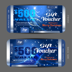 Wall Mural - Vector Merry Christmas gift voucher on the dark blue gradient background with Christmas tree, snowfall, wave and metal strips.