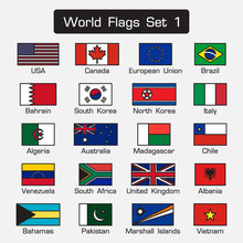 World Flags Set 1 . Simple Style And Flat Design . Thick Outline .