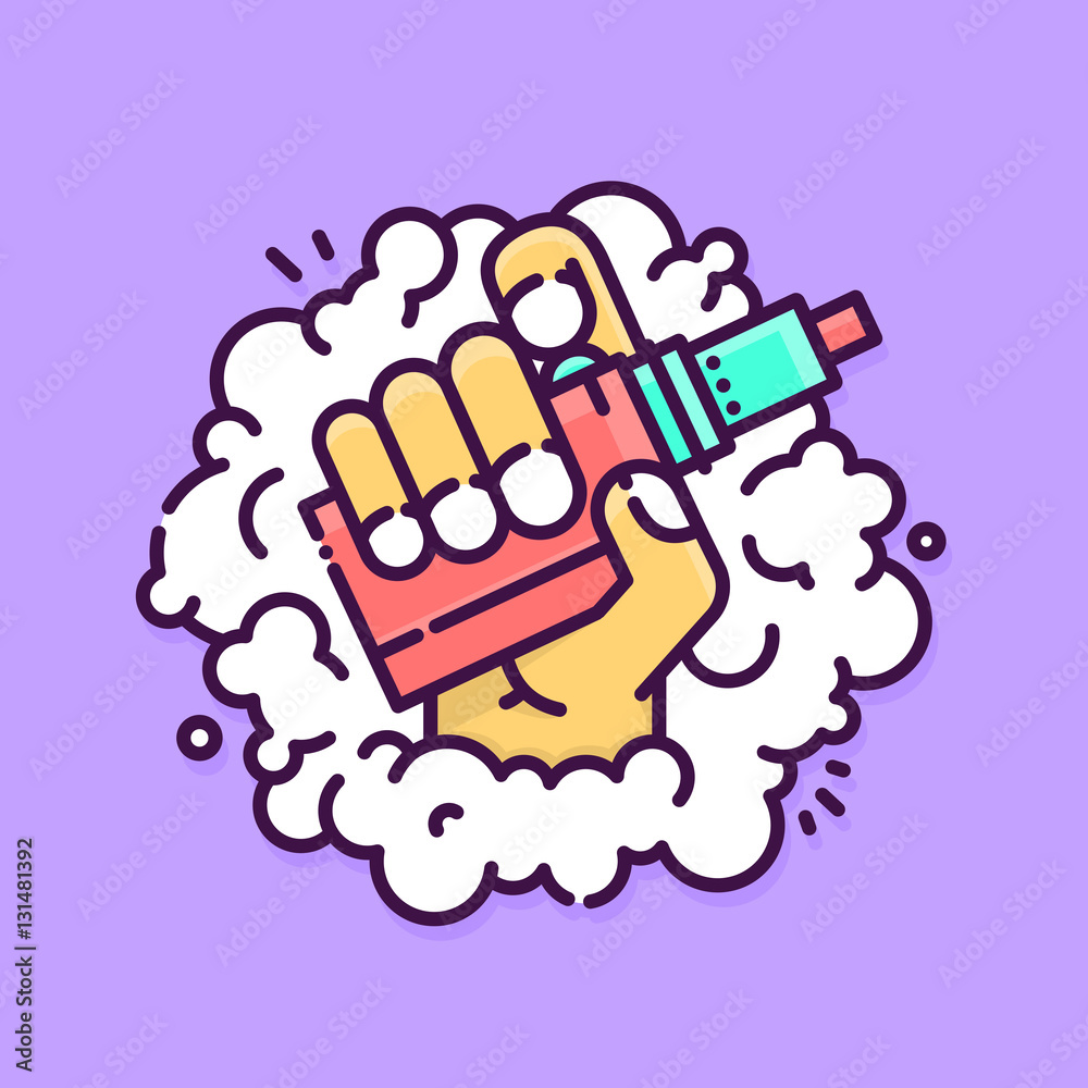 Graphic hand holding vape device on smoke background vector illustration  Stock Vector