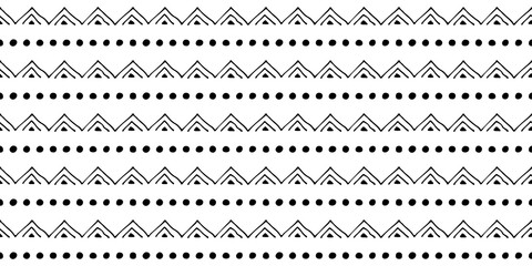 Wall Mural - Seamless vector pattern Black and white geometrical background with hand drawn little decorative elements.Simple design. Graphic vector illustration. Template for wrapping, background, wallpaper