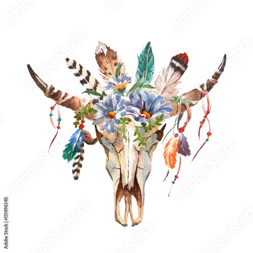 Watercolor isolated bull's head with flowers and feathers on white background Plakat