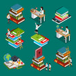 © Sentavio - Stack book icons student reading ladder 3d flat isometric vector