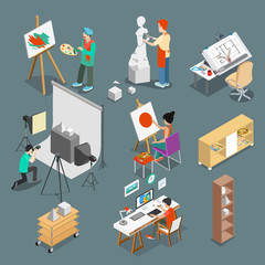 Wall Mural - Art studio or workshop 3d flat isometric vector illustration.