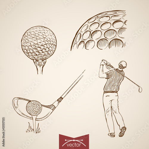 Fotografía Engraving hand vector golf player hitting ball, sport
