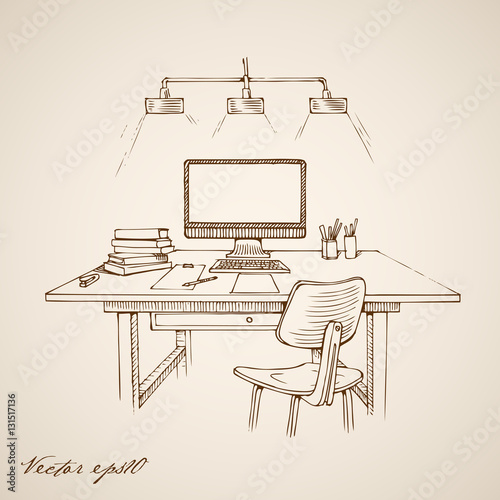 Cuadros en Lienzo Engraving hand vector cabinet interior working place furniture
