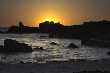 Sunset with rocks and ocean