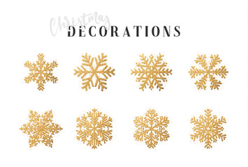 Poster - Snowflakes decoration Christmas and New Year's symbols. Set 8 golden different snowflakes of handmade. Winter objects. Festive elements.