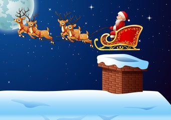 Wall Mural - Santa Claus rides reindeer sleigh against a full moon background