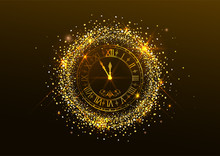 Midnight New Year. Clock With Roman Numerals And Gold Confetti On Dark Background
