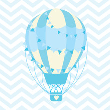 Baby Shower Illustration With Cute Blue Hot Air Balloon On Chevron Background Suitable For Baby Shower Invitation Card, Nursery Wall, And Wallpaper