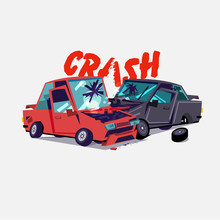 Car Crash.  Accident With Two Damaged Autos. Typographic Design