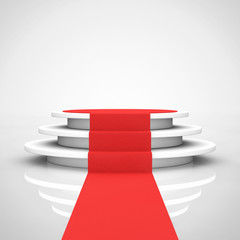 Poster - Round White Pedestal with Steps and a Red Carpet. 3d Rendering