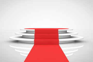 Poster - Round White Pedestal with Steps and a Red Carpet. 3d Rendering