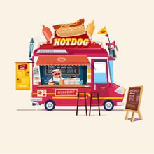 Hotdogs Food Truck‎. Street Food Truck Concept With Merchant C