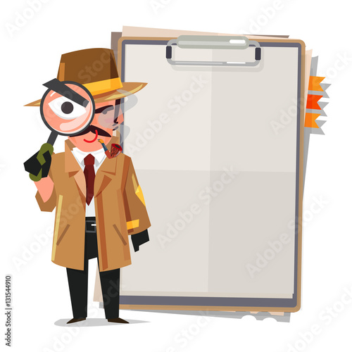 Valokuva Detective with magnify glass with paper for present