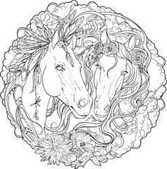 Portrait of two horses, male and stallion with flowers