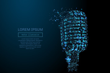 Fototapete - Abstract image of a microphone in the form of a starry sky or space, consisting of points, lines, and shapes in the form of planets, stars and the universe. Vintage microphone vector wireframe concept