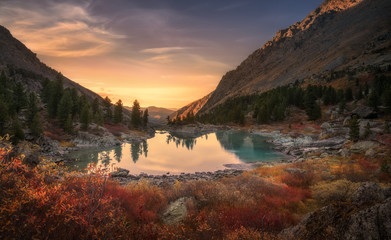 pink sky and mirror like lake on sunset with red color growth on foreground, altai mountains highlan
