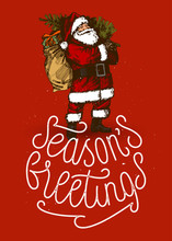 Season's Greetings Vintage Santa Claus Drawing Bright Card.