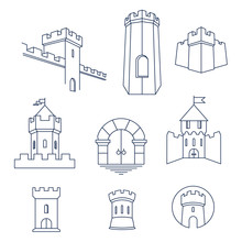 Castle Tower, Turret, Kingdom Fortress And Castle Gate Vector Line Art Icon Set