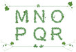 Alphabet letters from the leaves in Patricks day or spring and summer style. Alphabet set with letter m, n, o, p, q, r with strawberries, grapes and clover leaves