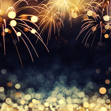 Gold And Dark Blue Fireworks And Bokeh In New Year Eve And Copy Space. Abstract Background Holiday.