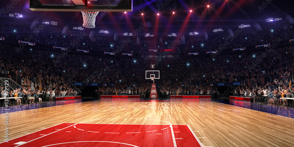 Basketball court with people fan. Sport arena.Photoreal 3d rende - obrazy, fototapety, plakaty 