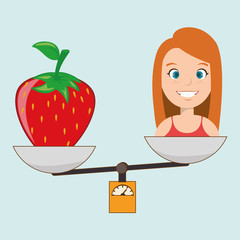 Sticker - woman cartoon fruit strawberry food balance vector illustration