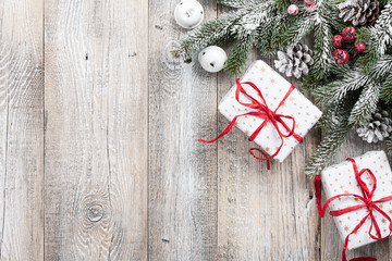 Canvas Print - Christmas decoration and gift boxes on wooden background