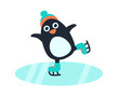Little cute penguin in hat and skates on the ice rink. Vector illustration