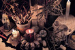 Mystic still life with evil candles and skull