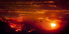 Burning Wildfire At Sunset With Helicopter And Water Bucket Fire Fighter