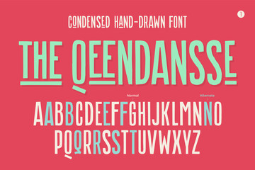 hand-drawn condensed alphabet and font. tall and thin uppercase letters and alternative characters. 