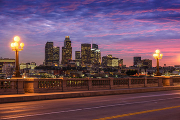 Skyscrapers in downtown Los Angeles California at sunset. View f