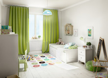 Children's Room With Green Curtains. 3d Illustration
